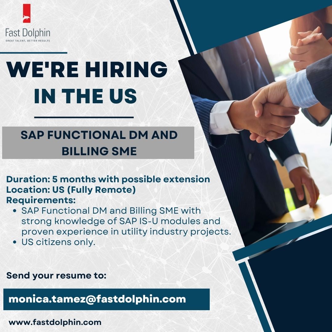 fastdolphin's tweet image. 🚀 Hiring
 
Requirements:
 📍 Strong experience with SAP IS-U.
 📍 US citizens only.
 
 📩 Interested? Send your resume and availability to: monica.tamez@fastdolphin.com
 
 #sapjobs #sapbilling #sapdm