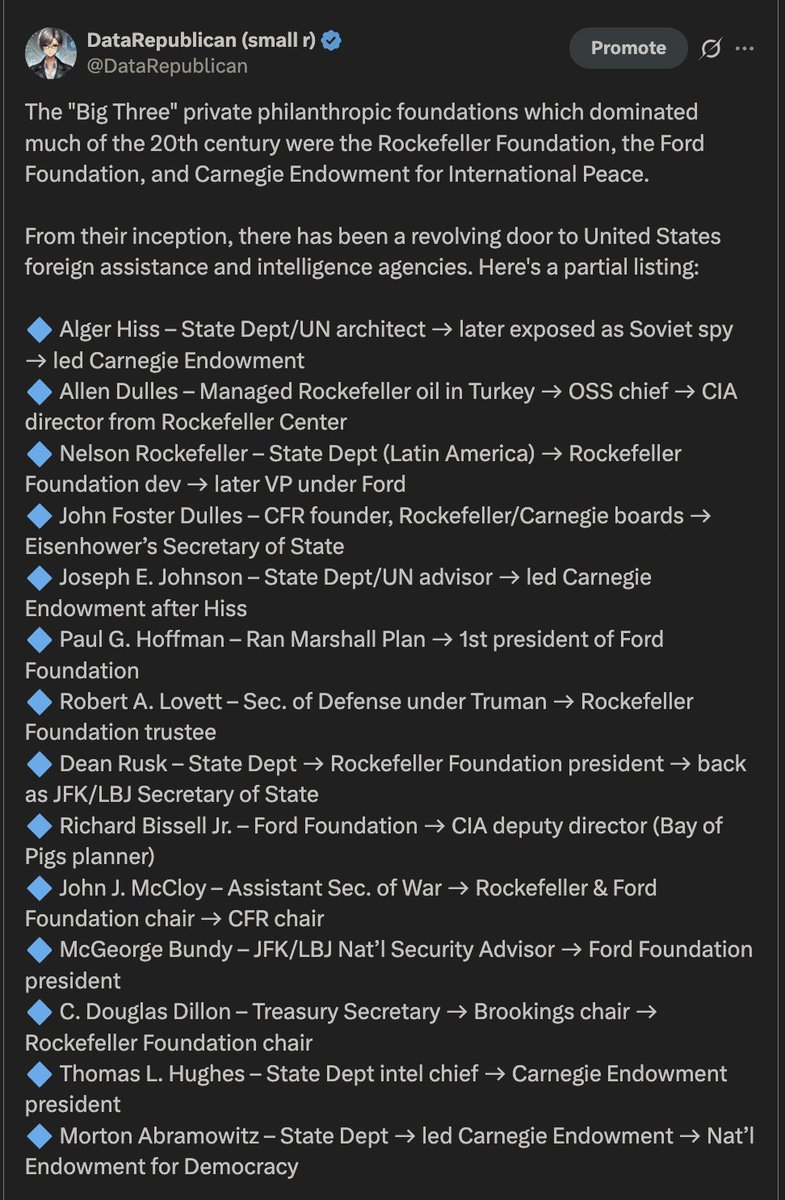 This was also the time that the OSS/CIA was created. 

Remember, these foundations are not independent of the US foreign policy officials. The OSS/CIA was recruited from them. Think about it: what better way to get foreign intelligence than people who are already on the ground