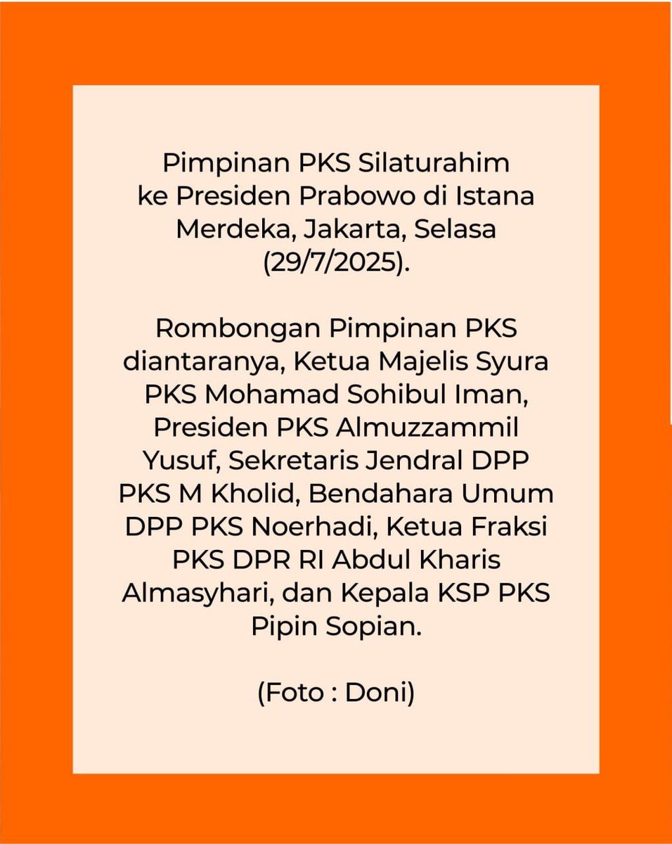 🔸Silaturahim PKS dengan Presiden Prabowo

Rombongan Pimpinan PKS yang terdiri dari Ketua Majelis Syura PKS, Presiden PKS, Sekretaris Jenderal DPP PKS, Bendahara Umum DPP PKS, Ketua Fraksi PKS DPR RI, serta Kepala KSP PKS bersilaturahim dengan Presiden Prabowo Subianto di Istana