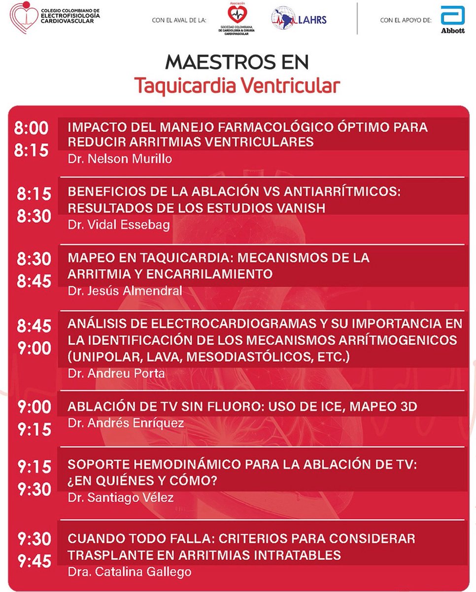 ¡No se lo pueden perder! 👉🏼 Maestros en Taquicardia Ventricular. 

Contaremos con reconocidos referentes internacionales en la materia, quienes nos acompañarán como conferencistas.

🗓 Fecha: sábado 16 de Agosto
⏰ 8.00am a 10.00am hora Colombia
📍 Lugar: modalidad virtual