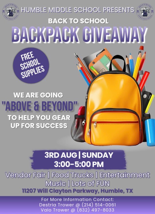 🎒✨ Backpack Giveaway Alert!
Join us at Humble Middle School on Sunday, August 3rd from 3–5 PM for free school supplies, food trucks, music &amp; more!
📍11207 Will Clayton Pkwy, Humble, TX
Let’s gear up for success! 💜 #AboveAndBeyond #BackToSchool