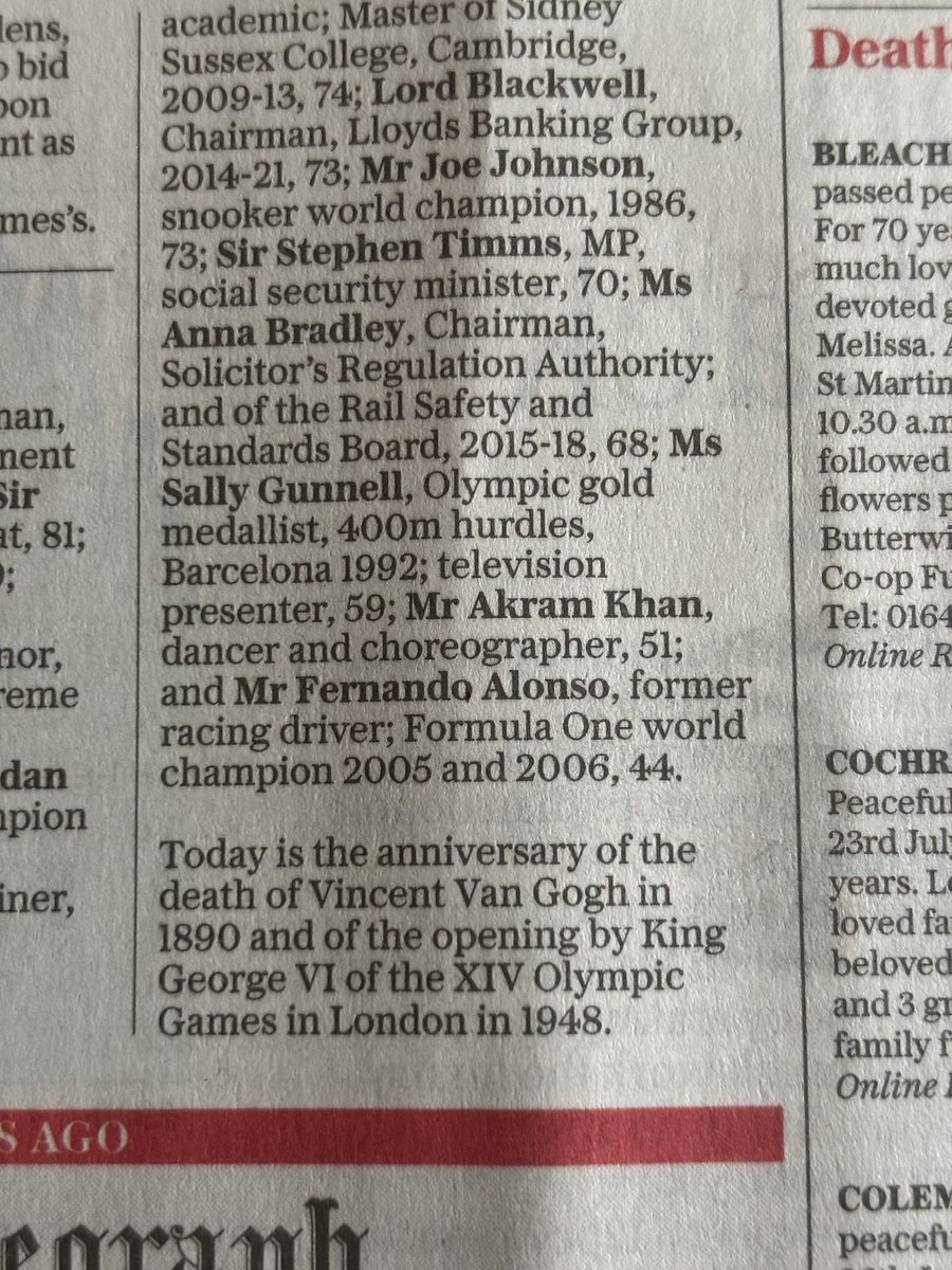 Former? Birthdays in the Telegraph. Additional reporting by my mother.