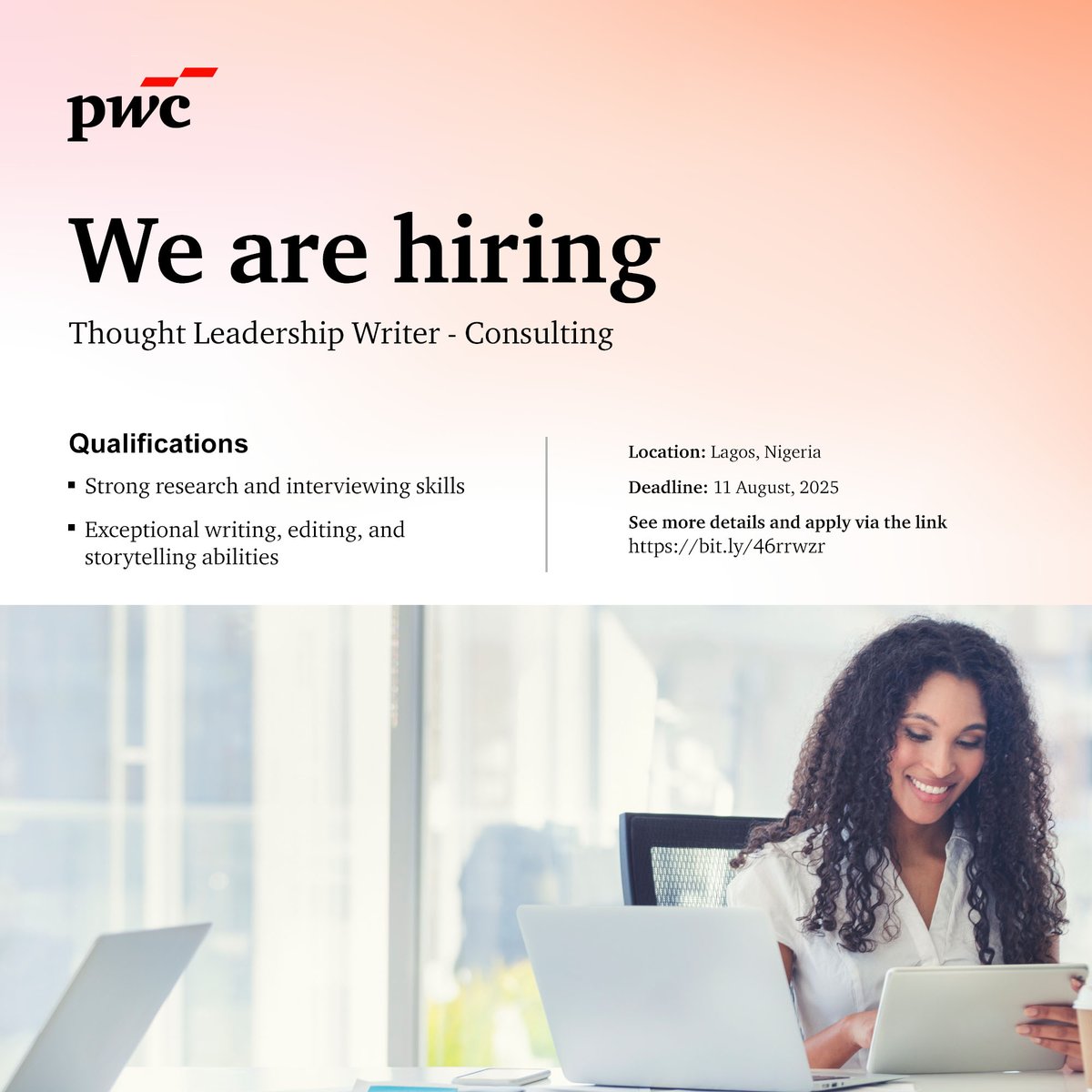 PwC_Nigeria's tweet image. Join our community of solvers.

We are seeking an experienced Thought Leadership Writer with strong research and interviewing skills.

For more details and application: ow.ly/79EE50WwJWa

Deadline: 11 August 2025 

#JobVacancies #JobsInLagos