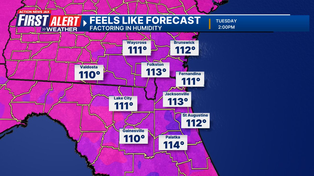 Trevor Gibbs (@trevorsweather) on Twitter photo Another day with oppressive heat and humidity, with feels like temperatures that will approach 115° in several locations. Fortunately, a few showers and thunderstorms will provide some late-day relief. <a href="/ActionNewsJax/">ActionNewsJax</a> #firstalertwx #flwx #gawx #heatwave Another day with oppressive heat and humidity, with feels like temperatures that will approach 115° in several locations. Fortunately, a few showers and thunderstorms will provide some late-day relief. <a href="/ActionNewsJax/">ActionNewsJax</a> #firstalertwx #flwx #gawx #heatwave