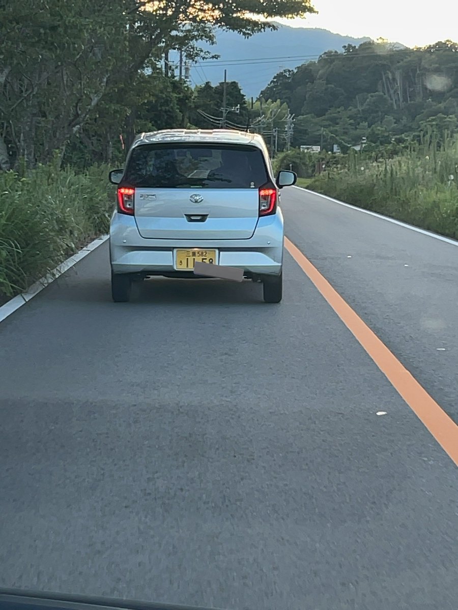 制限速度50キロの道路を35キロで延々と走る迷惑車。追い越し禁止なんでついていくしかないんですが、かなり迷惑です。
(晒すことが目的ではないので、一部加工してます)