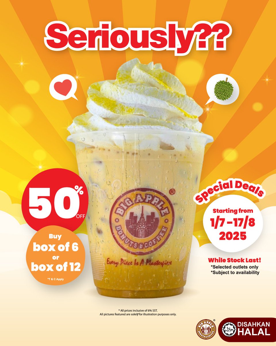Seriouslah, 50% diskaun taww untuk Duren Latte!! 🤩 korang Just Beli Box 6 atau Box 12 untuk dapatkan diskaun ni ok. Tapi kena cepat sikitlah – promosi sampai 17 Ogos ni je 🥳

#bigappledonuts #bigappledonutscoffee #bigappledonut #bigappledonutsmalaysia #DurenLatte