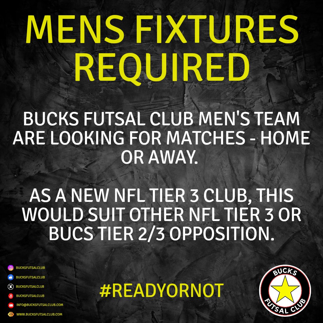 Bucks Futsal Club (@bucksfutsalclub) on Twitter photo ⭐️ MEN'S FIXTURES REQUIRED ⭐️
With our <a href="/NatFutsalLeague/">National Futsal League</a> fixtures released we are now looking to continue our preseason preparation with a couple more friendlies.
Please contact Matt at matt@bucksfutsalclub.com to discuss. ⭐️ MEN'S FIXTURES REQUIRED ⭐️
With our <a href="/NatFutsalLeague/">National Futsal League</a> fixtures released we are now looking to continue our preseason preparation with a couple more friendlies.
Please contact Matt at matt@bucksfutsalclub.com to discuss.