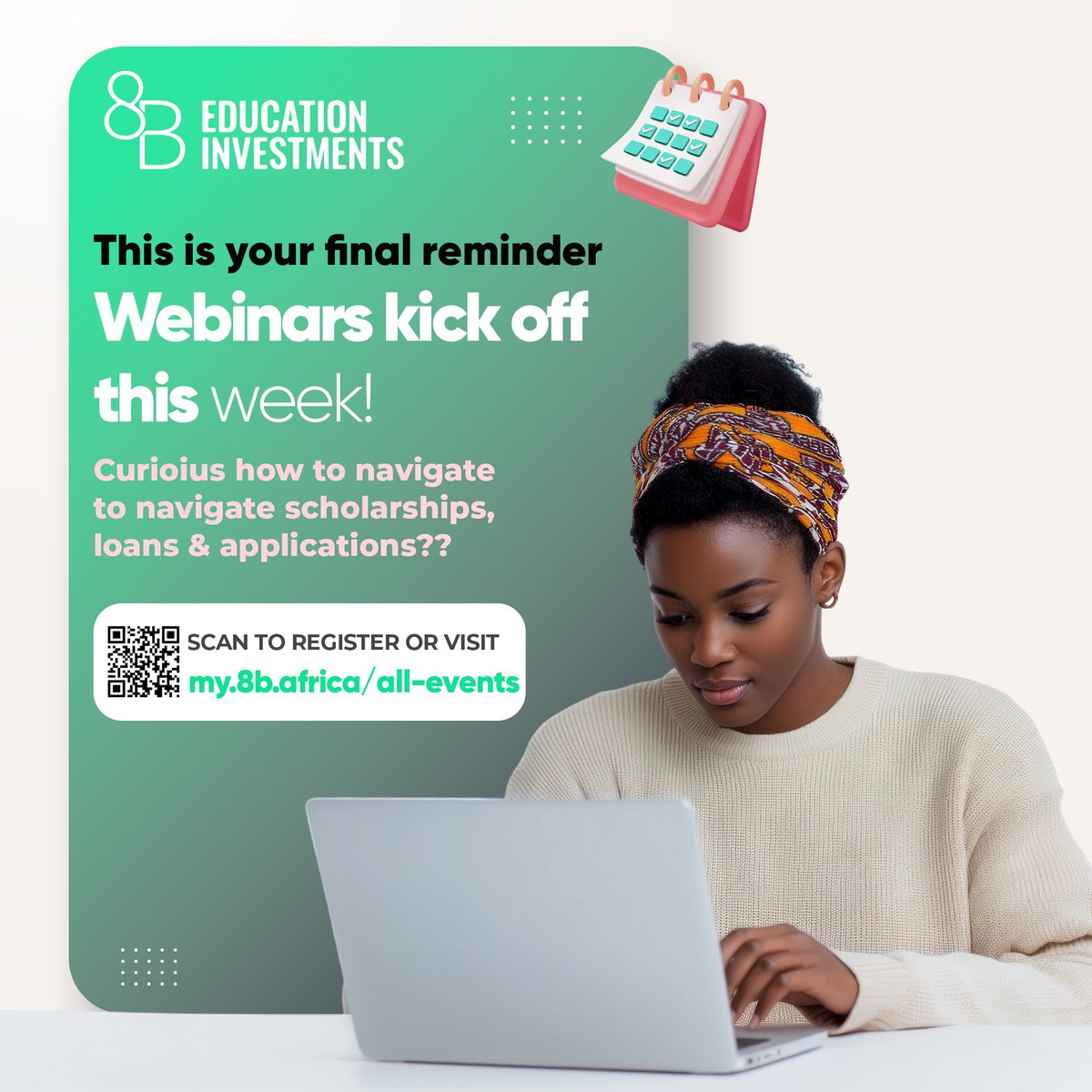 🎓 Final Call for Students!
Want to study abroad? Don’t miss our FREE webinars this week. Get the info, ask your questions, and unlock global opportunities.
Last week of July
🔗 Register now: my.8b.africa

#8BGlobal #StudyAbroad #StudentSuccess #8bwebinar