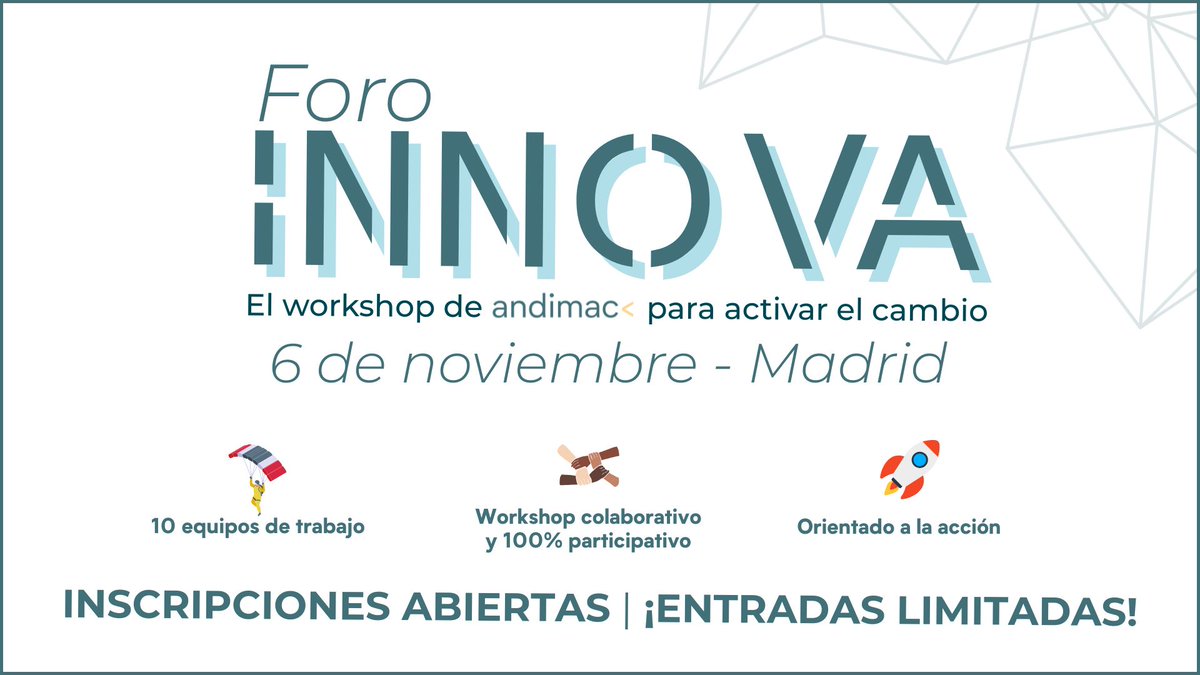 💥 #ForoInnova2025 cambia las reglas:
No es una jornada de charlas.
Es acción colectiva.
👥 100 personas
🧠 10 retos
🎯 10 proyectos reales

📅 6/11 | Madrid
🔗 entradium.com/events/foro-in…
#Innovación #Networking #Distribución