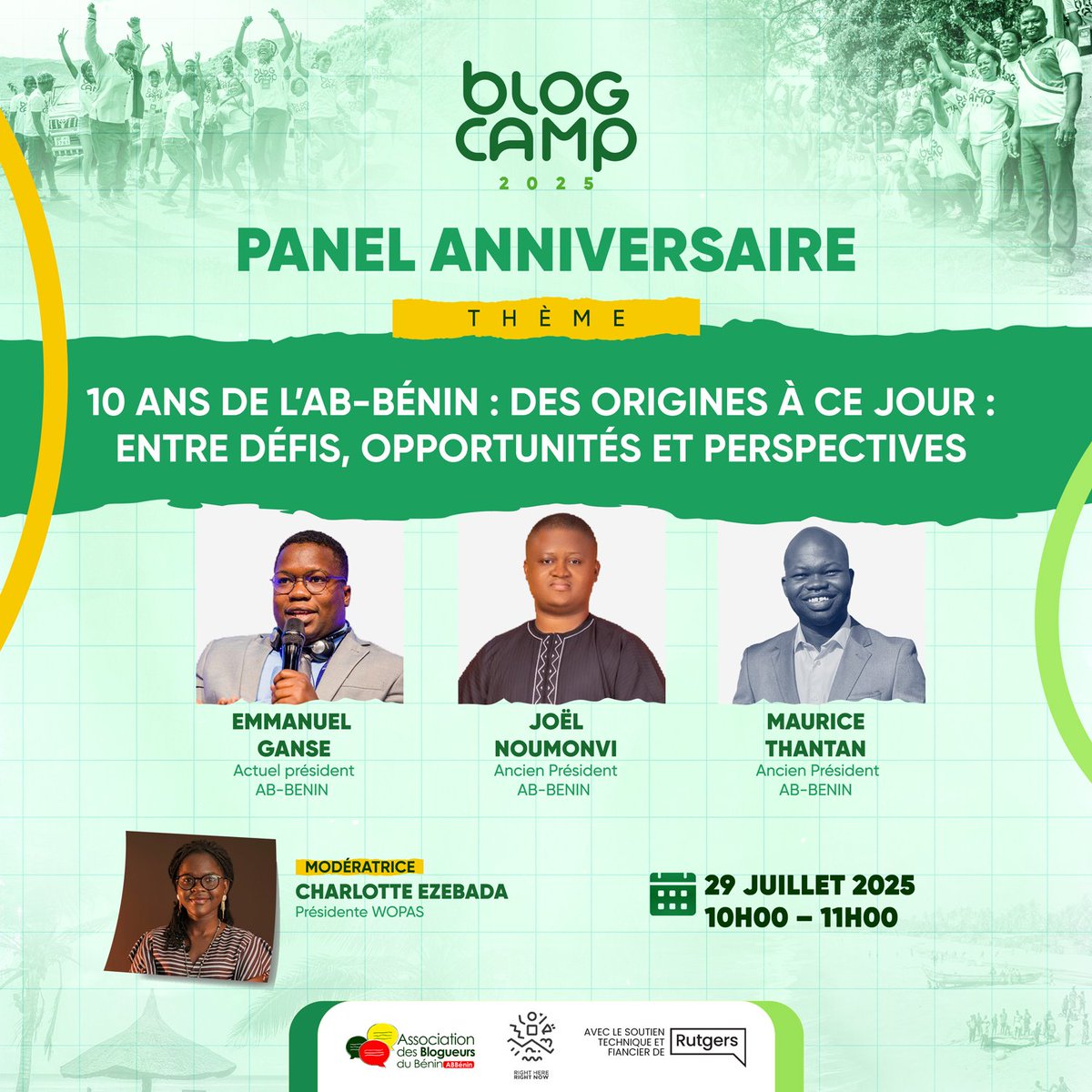 10 ans d'engagement, 10 ans de blogosphère citoyenne au Bénin !

À l'occasion du Blog Camp 2025, nous célébrons une décennie de mobilisation numérique avec un panel anniversaire.

Thème :
"10 ans de l'AB-Bénin : des origines à ce jour, entre défis, opportunités et perspectives"