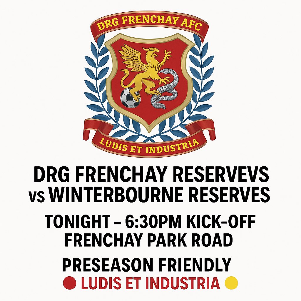 📣 MATCHDAY!
⚽ DRG Frenchay Reserves vs Winterbourne Reserves
📆 Tonight – 6:30PM Kick-Off
📍 Frenchay Park Road
🔥 Preseason Friendly

Come down and support the lads as they gear up for the season!
Let’s go, DURGE! ❤️💙🟡

🔴🟡 Ludis et Industria ⚽🟡🔴