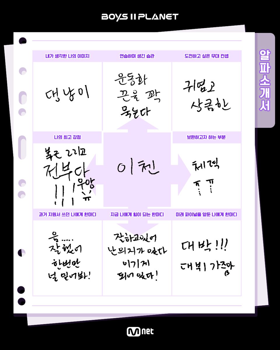 이첸 YI CHEN

스타 크리에이터님들을 위한 깜짝 선물🎁
참가자들의 색다른 매력이 담긴 'NEW 증명사진'과
타오르는 에너지가 느껴지는 '알파소개서'를 확인해 보세요!

A surprise gift for our Star Creators 🎁
Check out the all-new ID photos capturing the participants’ unexpected charms,