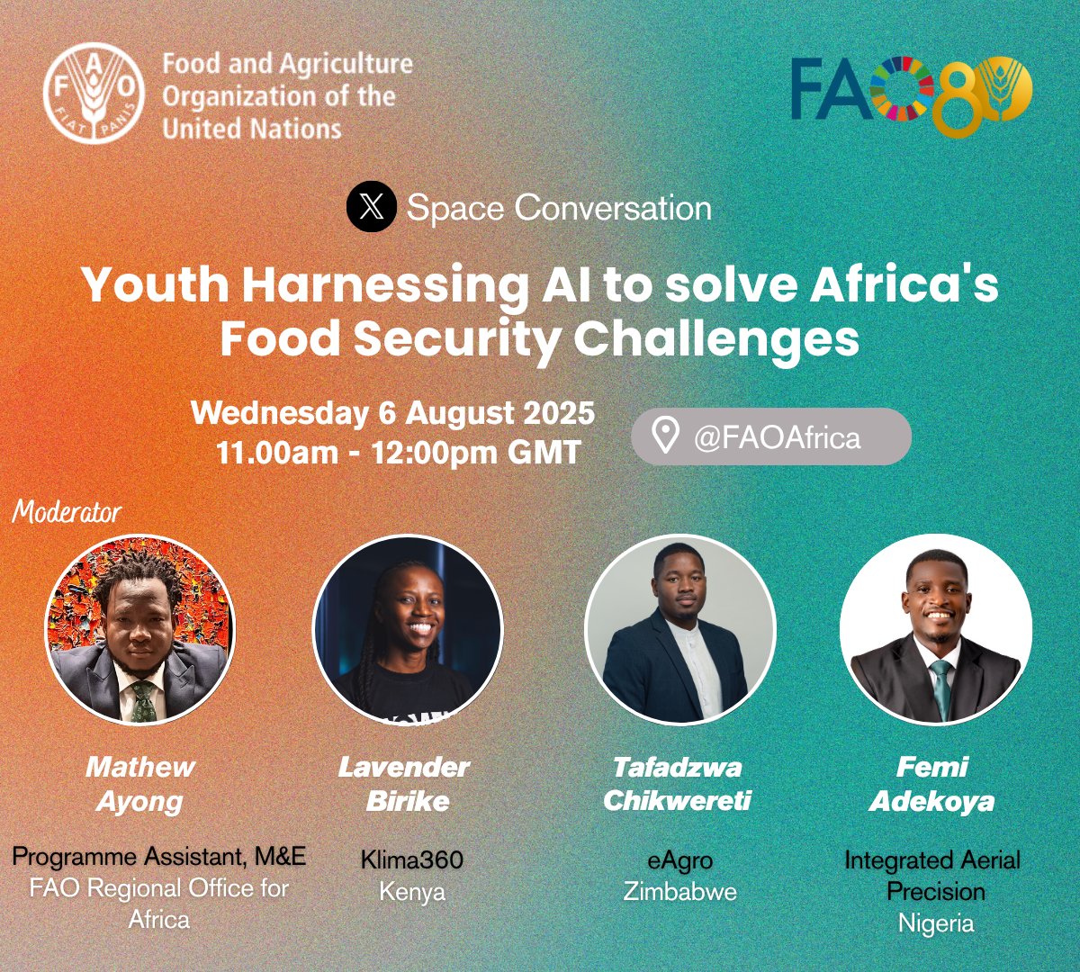 🌍 How can youth use AI to tackle Africa's food security challenges?
Join our #XSpace with innovators from Kenya, Zimbabwe &amp; Nigeria.
🗓️ Wed 6 Aug | 🕚 11am GMT
📍<a href="/FAOAfrica/">FAO in Africa</a>
🔗 x.com/i/spaces/1mrGm…