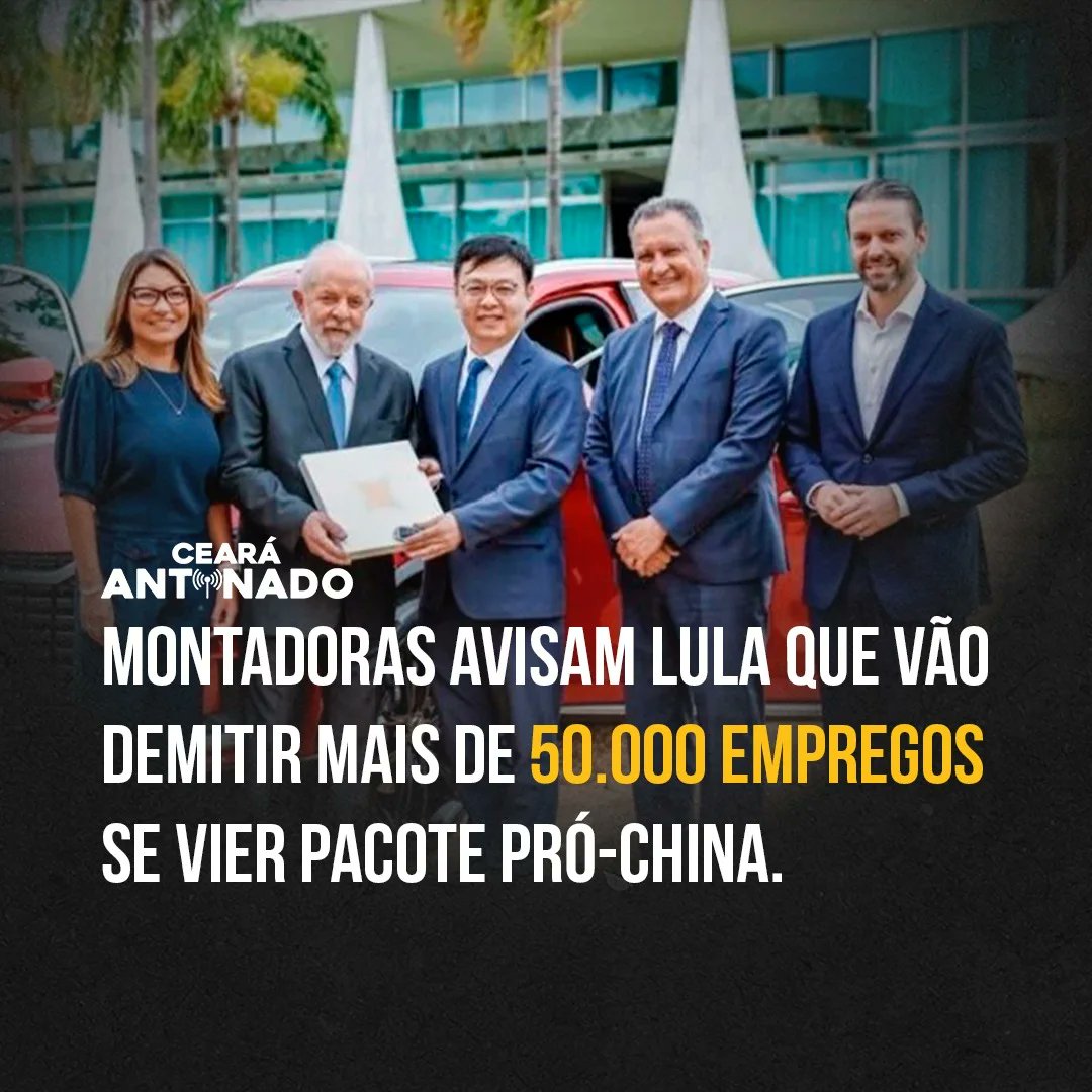 MONTADORAS AVISA LULIS QUE PODEM DEMITIR 50 MIL FUNCIONÁRIOS
Caso vier o pacote pró-china.
Para cada trabalhador demitido, outros 10 empregos podem ser perdidos na rede de fornecedores, ampliando o efeito negativo em toda a cadeia produtiva automotiva.