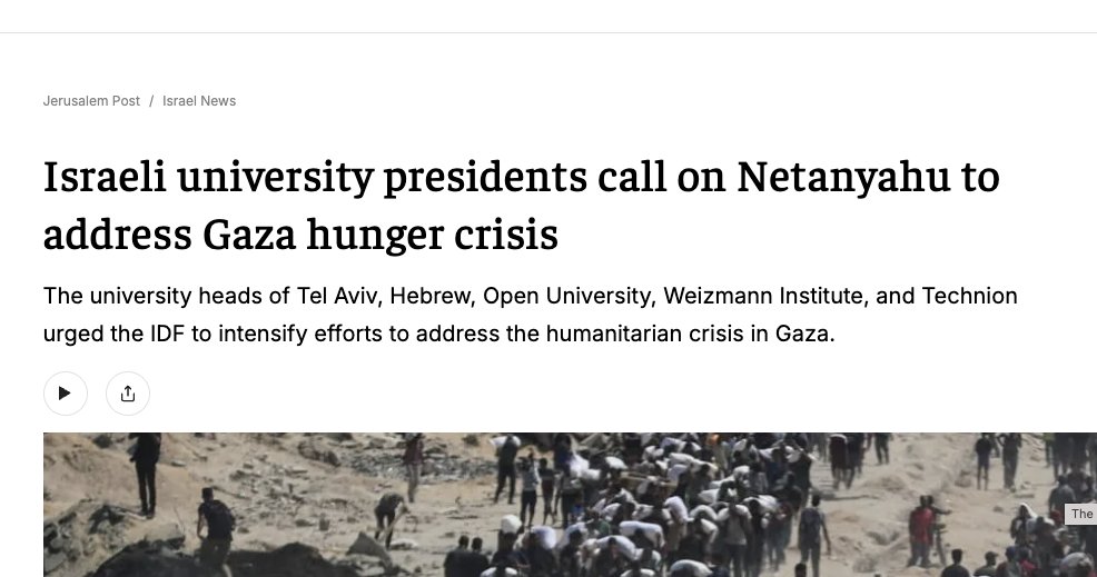 Les présidents des principales universités israéliennes  appellent leur gouvernement à faire cesser "la famine terrible qui règne à Gaza, qui cause des dommages humains insupportables, en particulier chez les enfants et les nourrissons"
x.com/KaminskiMed/st…