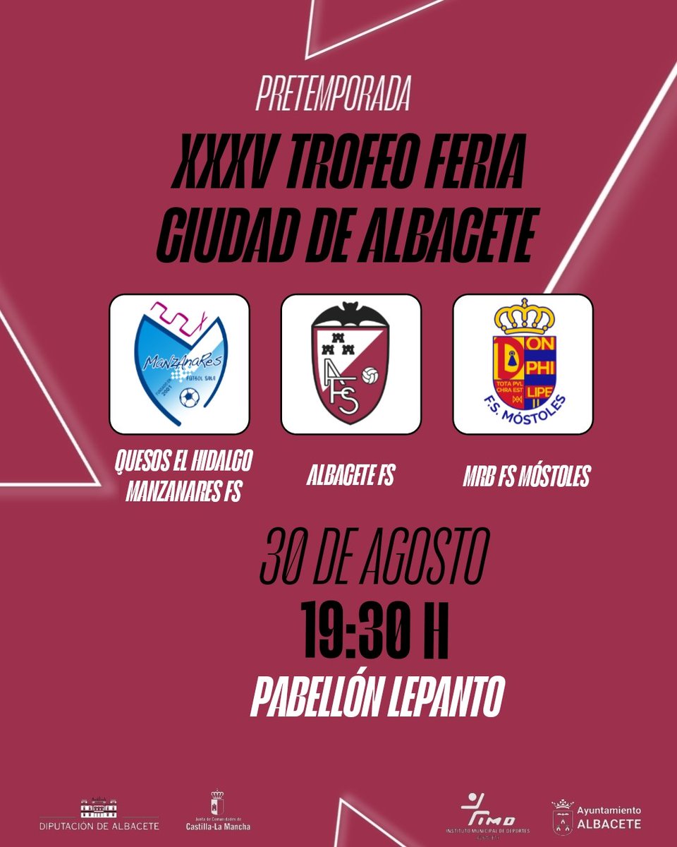ℹ️🏆🎡 Tenemos rivales para el 𝗧𝗿𝗼𝗳𝗲𝗼 𝗙𝗲𝗿𝗶𝗮 𝗖𝗶𝘂𝗱𝗮𝗱 𝗱𝗲 𝗔𝗹𝗯𝗮𝗰𝗲𝘁𝗲 en lo que será un emocionante triangular con dos equipos de superior categoría. 

🆚️ <a href="/ManzanaresFS/">ManzanaresFútbolSala</a> y <a href="/1mostolesfs/">MRB-FS Móstoles</a>
📅 Sábado, 30 de agosto
⌚️ 19:30 h
📍Pabellón Lepanto

🔜 Toda ℹ️ 🎟!