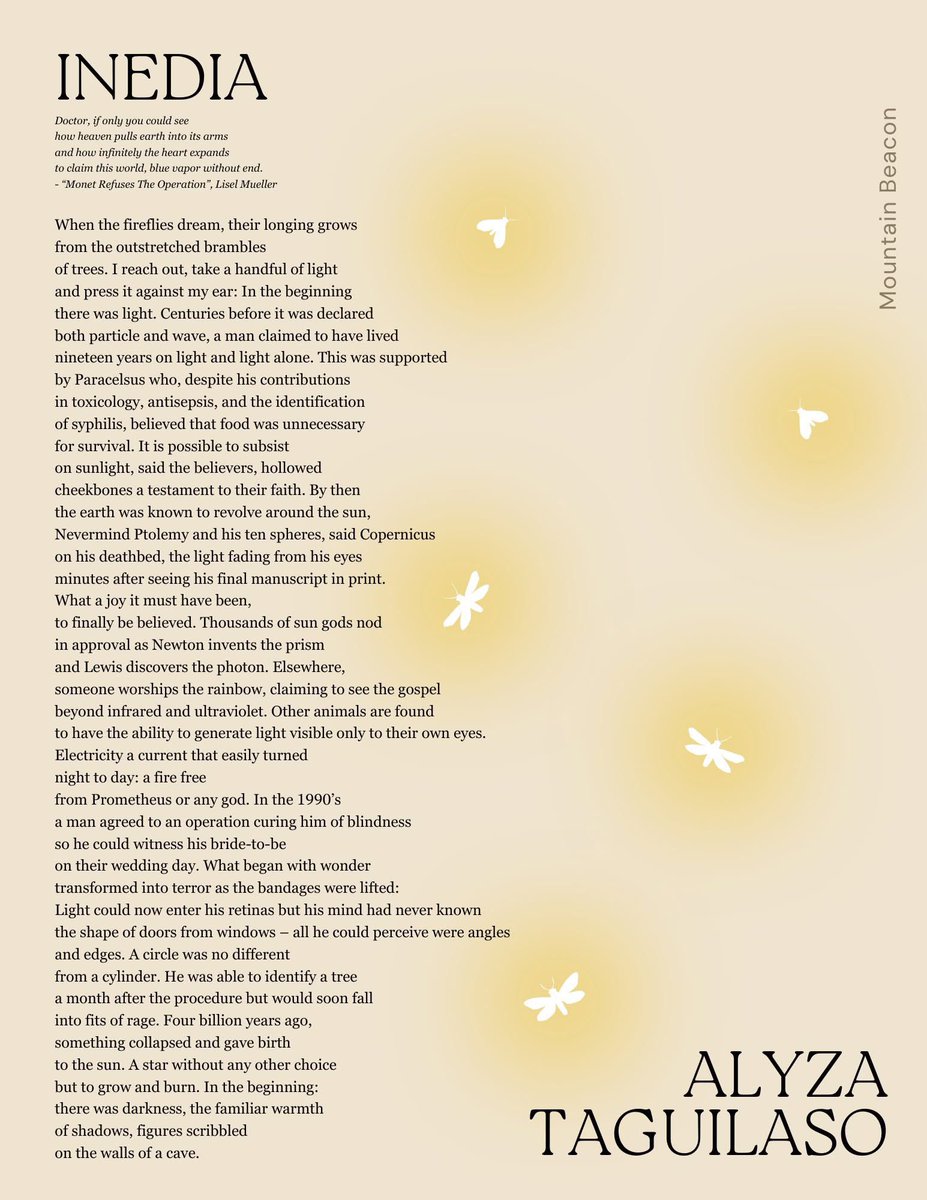 Old poem “Inedia” is featured on <a href="/tunaynahilaga/">Mountain Beacon</a> Mountain Beacon’s Literary Tuesdays. This one’s for the Nutrition theme. My thanks to the editorial team. 

Poem initially appeared in Santelmo &amp; eventually found its way into Juggernaut.