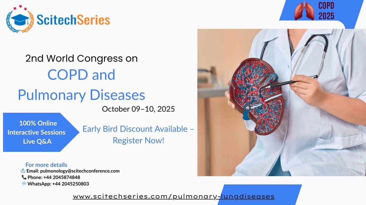 COPD 2025 (@stevens43970) on Twitter photo 🌍 Join us virtually at the 2nd World Congress on COPD and Pulmonary Diseases!
📅 October 09–10, 2025
💻 100% Online | Global Participation
#COPD2025 #PulmonaryHealth #VirtualConference #GlobalHealth #Pulmonology <a href="/ScitechSeries/">Scitech series</a> 🌍 Join us virtually at the 2nd World Congress on COPD and Pulmonary Diseases!
📅 October 09–10, 2025
💻 100% Online | Global Participation
#COPD2025 #PulmonaryHealth #VirtualConference #GlobalHealth #Pulmonology <a href="/ScitechSeries/">Scitech series</a>