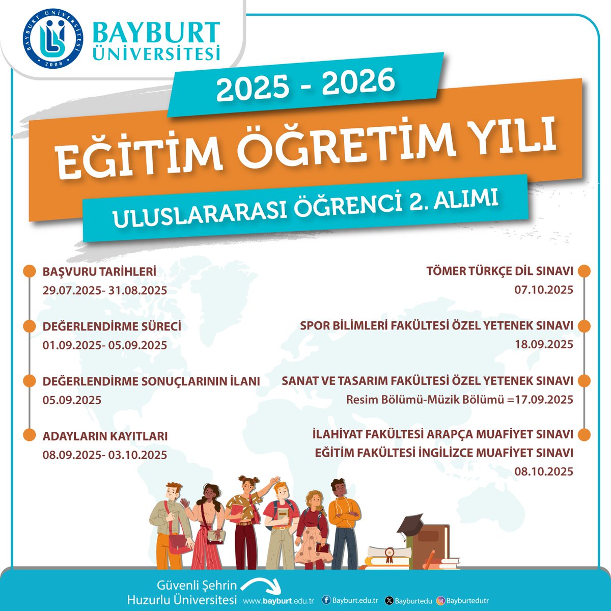 BAYÜ Uluslararası İlişkiler (@bayu_uiofis) on Twitter photo 📢 2025-2026 Akademik Yılı Lisans / Ön Lisans Uluslararası Öğrenci II. Başvuru Süreci Başladı!
📅 Başvuru Tarihleri: 29.07.25 – 31.08.25
Duyuruya ulaşmak için:
🔗bayburt.edu.tr/tr/2025-2026-u…
Detaylı bilgi için:
📧 international@bayburt.edu.tr
#StudyinTürkiye
<a href="/Bayburtedu/">Bayburt Üniversitesi (BAYÜ)</a> 📢 2025-2026 Akademik Yılı Lisans / Ön Lisans Uluslararası Öğrenci II. Başvuru Süreci Başladı!
📅 Başvuru Tarihleri: 29.07.25 – 31.08.25
Duyuruya ulaşmak için:
🔗bayburt.edu.tr/tr/2025-2026-u…
Detaylı bilgi için:
📧 international@bayburt.edu.tr
#StudyinTürkiye
<a href="/Bayburtedu/">Bayburt Üniversitesi (BAYÜ)</a>