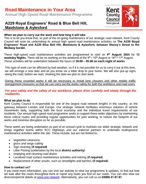 KentHighways's tweet image. Maidstone - A229 Royal Engineers Road & Blue Bell Hill. Lane closures & other mobile traffic management measures in place from 4th August for 12 weeknight (20:00-05:00 each night) from Staceys Street to Medway border for high speed road maintenance works: moorl.uk/?mngimc