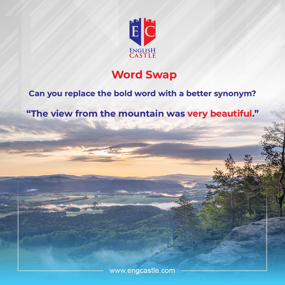 engcastle11's tweet image. Words matter! 🎯
Instead of saying very beautiful, what could you say to sound smarter? 🤓
👇 Drop it below!

#StudyFromHome #LearnEnglishAnywhere