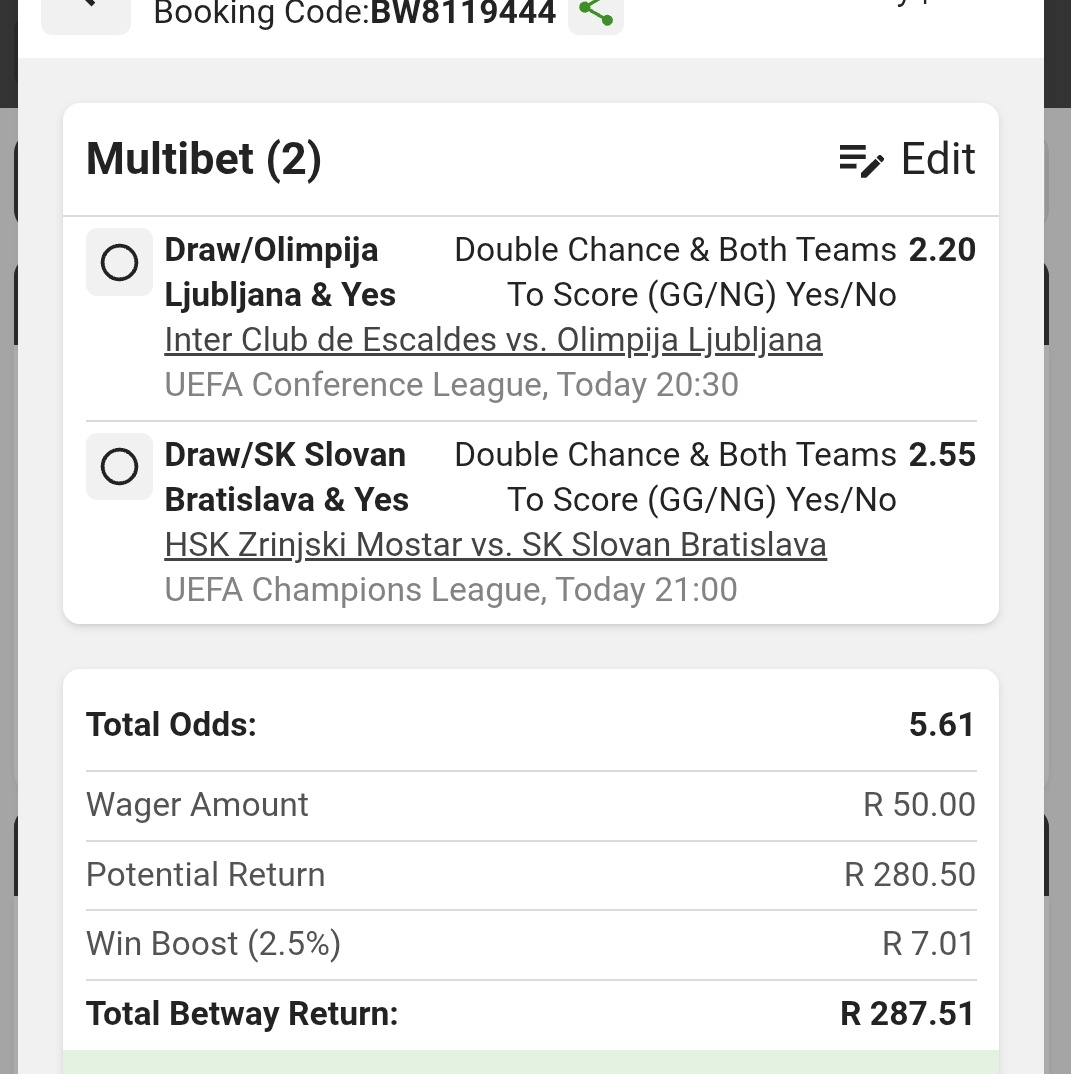 JasonHeneke's tweet image. 5 odds for today
I just placed a bet with Betway. Tap here to copy my bet or search for this booking code in the Multi Bet betslip BW8119444 new.betway.co.za/?bookingCode=B…