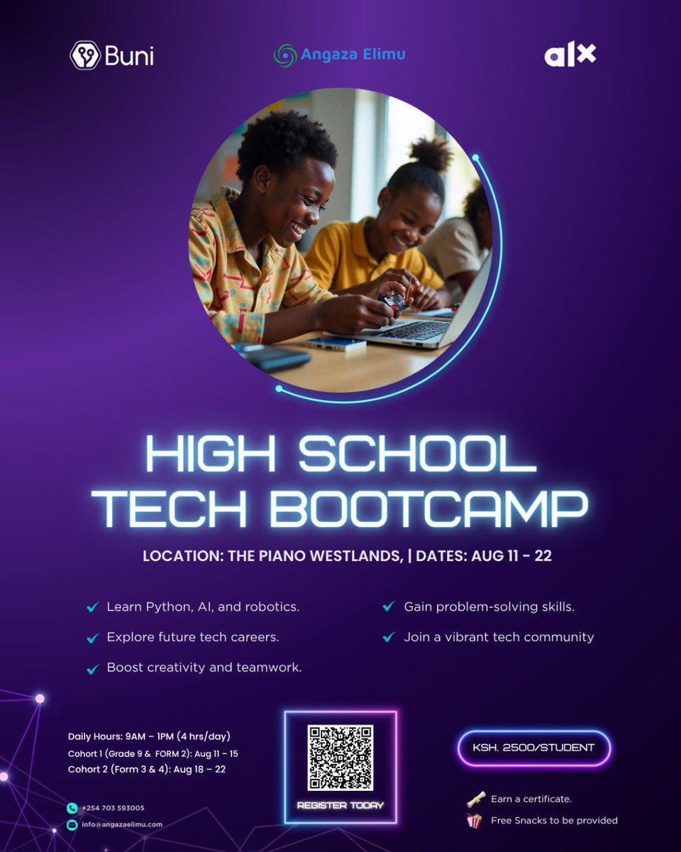 In partnership with @angazaelimu, we’re hosting a hands-on experience focused on AI and Robotics. Whether you’re a curious student or know someone who should be in the room, this is the perfect opportunity to explore tech, gain real-world skills, and build the confidence to