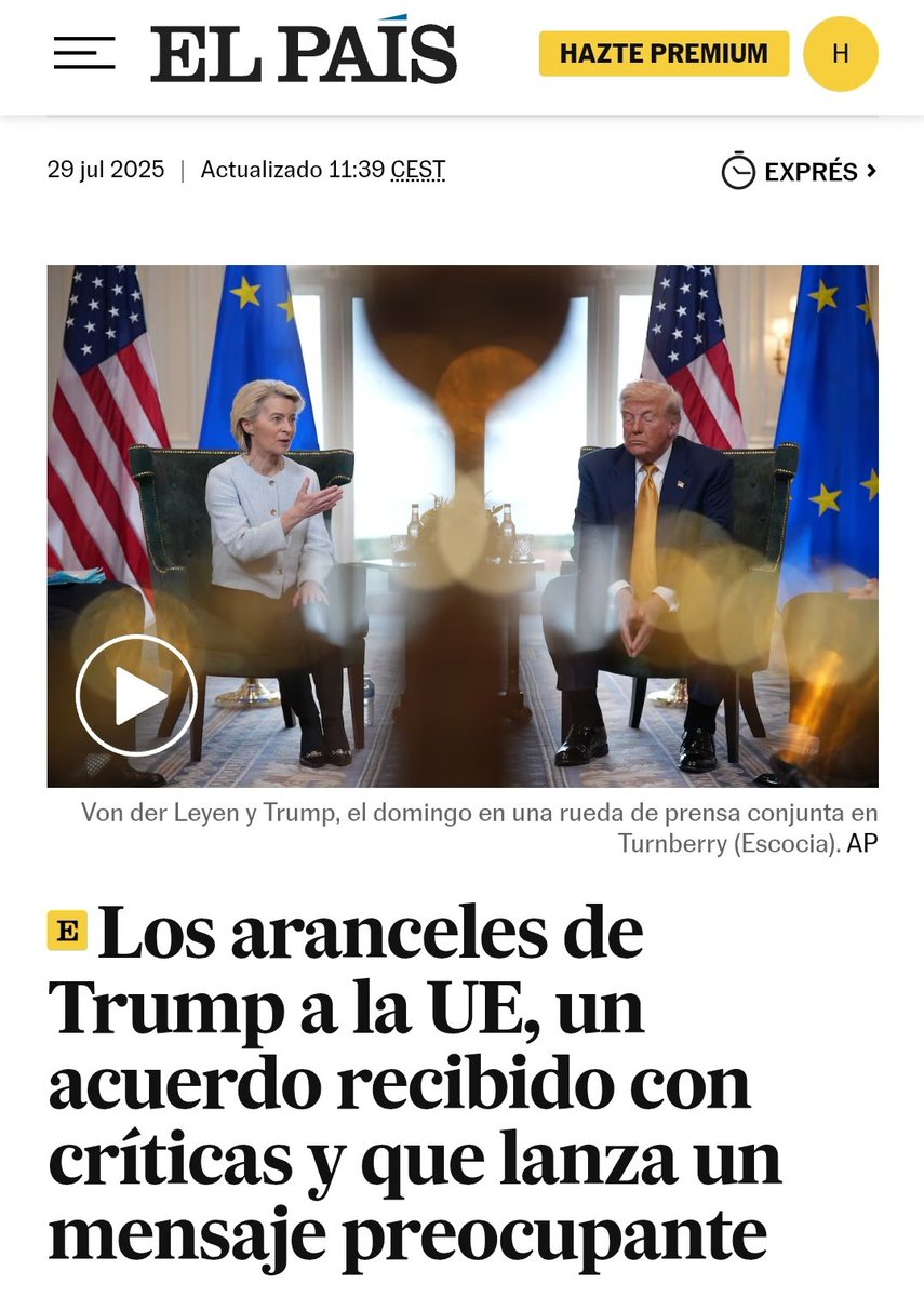 Todos en Europa se están rasgando las vestiduras. Pero ¿Cuál era la alternativa? ¿Una recesión?

America First es formalizar y materializar sin eufemismos que la UE es vasallo de EEUU a cambio de protección y acceso a su mercado y tecnología. Así de frío.