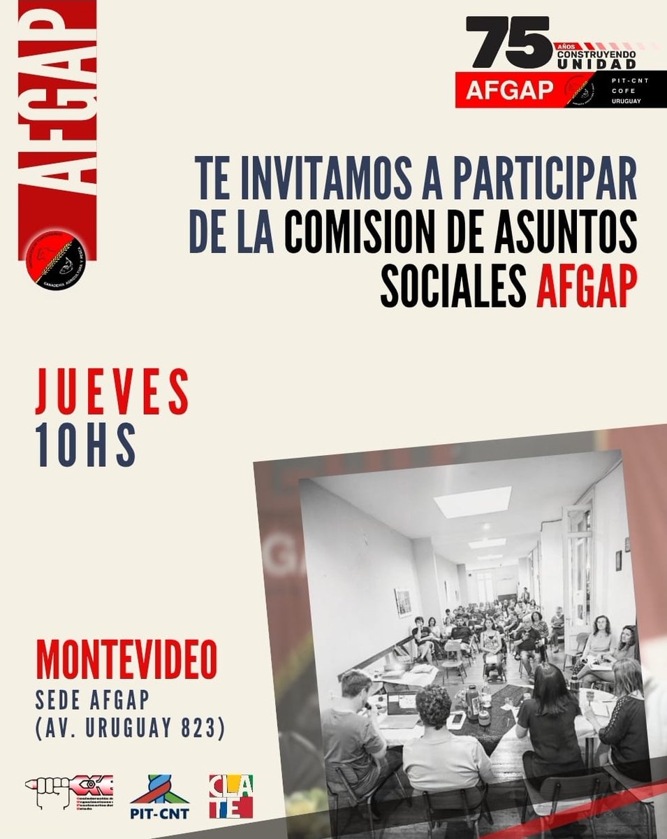 🗓️ Este jueves 31 de julio a las 10:00 hs nos encontramos en la sede de AFGAP (Av. Uruguay 823) para una nueva instancia de la Comisión de Asuntos Sociales.

💬 Un espacio de encuentro, participación y construcción colectiva.
¡Te esperamos!