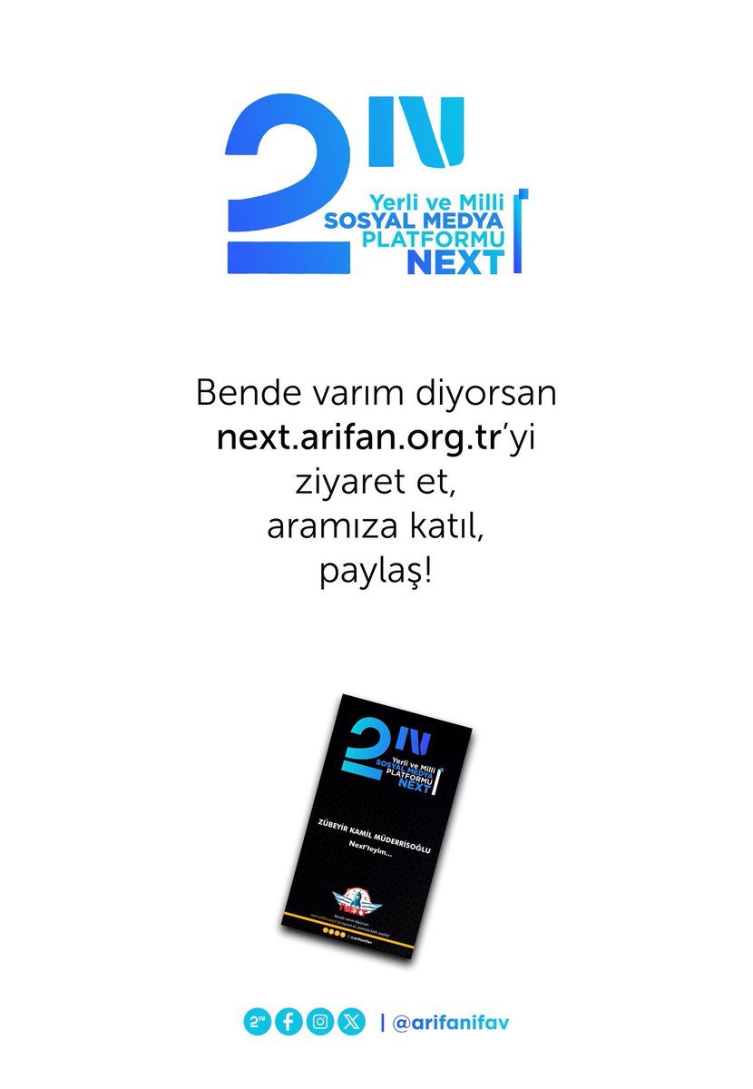 Herkesin özel bir tasarımı olsun istedik, bu güzel sistemi hazırladık.

👉Buradan Deneyin: next.arifan.org.tr
 Siz de isminizi veya kullanıcı adınızı yazın adınıza hazırlanmış Bu tasarımı paylaşarak NeXT Sosyal’deki güzelliğe katkıda bulunun. #NEXTteyiz <a href="/selcukbayraktar/">Selcuk Bayraktar</a>