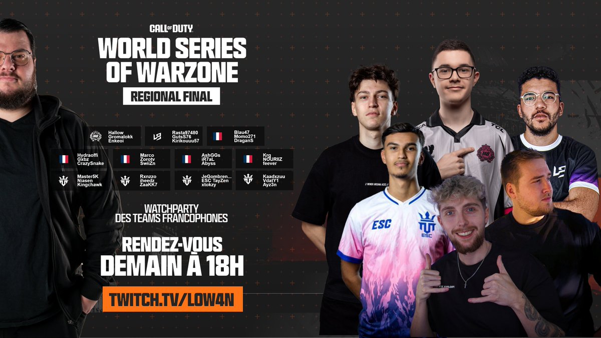 🏆 WSOW FINALE RÉGIONALE 🇪🇺

Demain, on suivra nos 11 teams francophones dans cette dernière étape avant la grande finale ! 🎙️

Le TOP 15 des 6 GAMES ira directement en LAN aux États-Unis ✈️. Les autres iront en LCQ.

📅 RDV 18H/19H 
🟣 Sur Twitch : Low4n