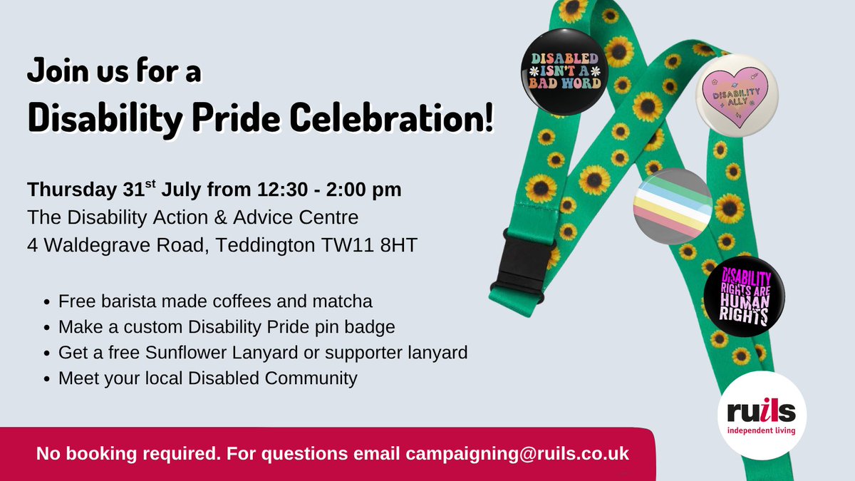 Ruils's tweet image. Join us for some fun at our #DisabilityPrideMonth celebration this Thursday! 🔴☕🌻

Thursday 31st July from 12:30-2:00 pm at our office in Teddington. Free iced coffee and matcha, custom pin badge making station and free sunflower lanyards. No booking needed.