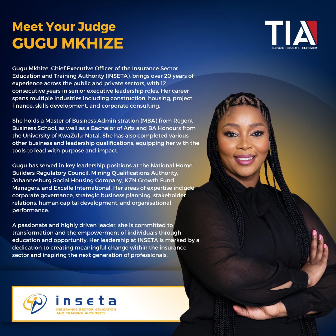 🚨 Meet your #TIA2025 guest judge!

Gugu Mkhize, CEO of <a href="/INSETA001/">INSETA</a>, brings 20+ years of leadership in skills development, transformation &amp; corporate governance to Ep 3 of <a href="/TheInsApp/">Insurance Apprentice</a>.

Catch it Thursday, 31 July 2025 on <a href="/SABC3/">S3</a>!

#ElevateEducateEmpower #INSETA #InsuranceLeadership