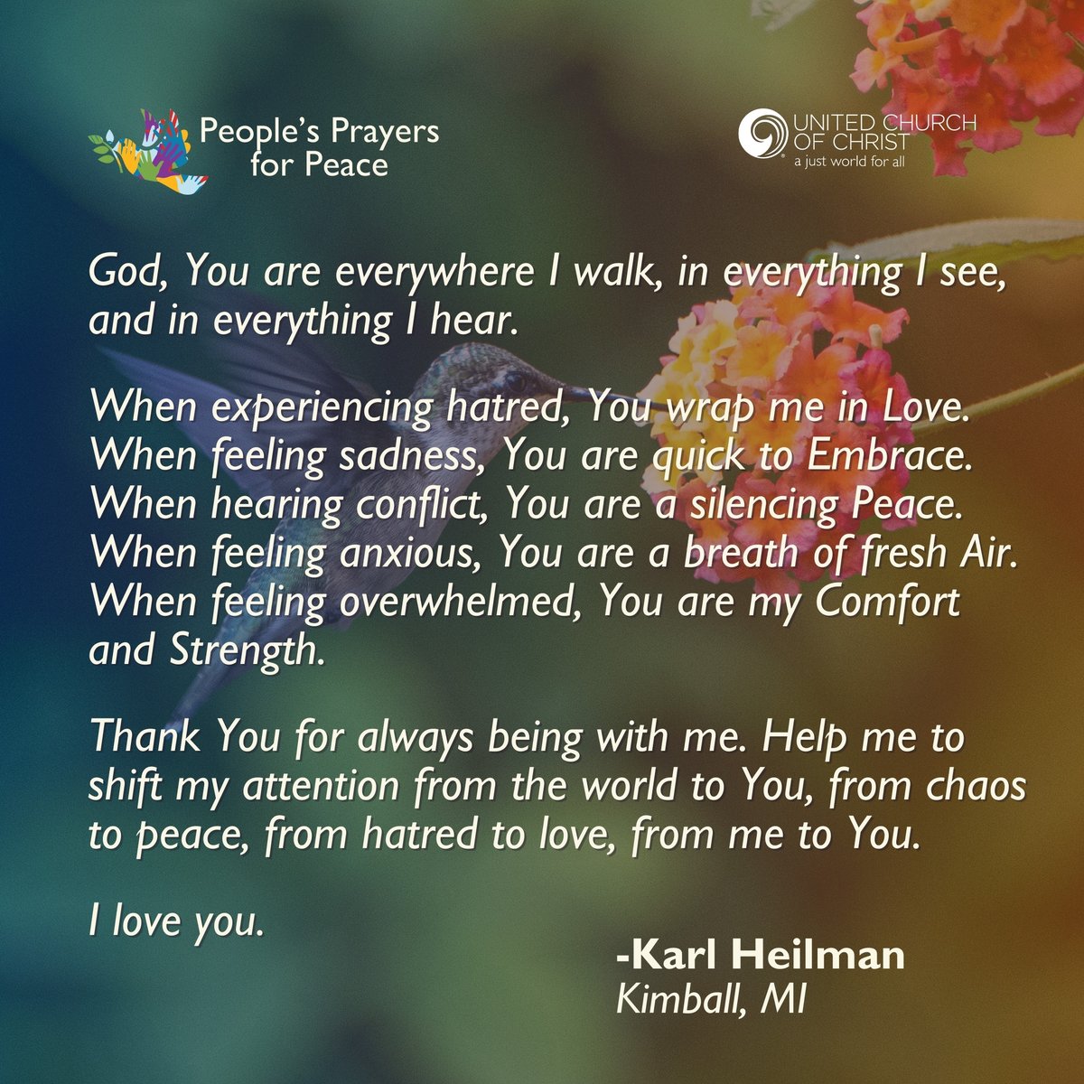 🙏🏾 God, You are everywhere I walk, in everything I see, and in everything I hear.

You wrap me in Love.
You are quick to Embrace.
You are a silencing Peace.
You are my Comfort and Strength.

-Karl Heilman

👉🏾 Share your prayer: ow.ly/y0I350WwbKI