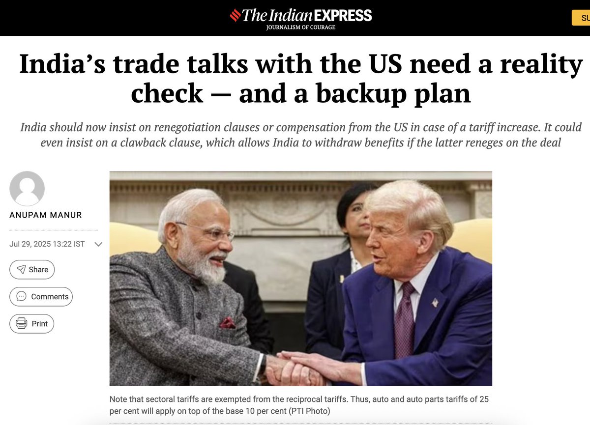 Anupam Manur (@anupammanur) on Twitter photo I write in <a href="/IndianExpress/">The Indian Express</a> that the ad hoc tariffs that Trump threatens to put on India (for buying Russian oil, de-dollarisation, etc) will cause skepticism about a trade deal.
Also, analysis of other trade deals with US seems rather lopsided, favouring the US. I write in <a href="/IndianExpress/">The Indian Express</a> that the ad hoc tariffs that Trump threatens to put on India (for buying Russian oil, de-dollarisation, etc) will cause skepticism about a trade deal.
Also, analysis of other trade deals with US seems rather lopsided, favouring the US.