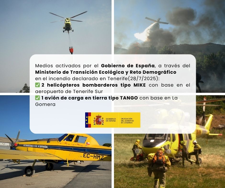 Delegación del Gobierno en Canarias (@dgcanarias) on Twitter photo El Gobierno de España, a través del <a href="/mitecogob/">Transición Ecológica y Reto Demográfico</a> , apoya la extinción del incendio en Tenerife con:
✅ 2 helicópteros bombarderos tipo MIKE (Tenerife Sur)
✅ 1 avión de carga en tierra tipo TANGO (La Gomera)
#Incendios #Canarias El Gobierno de España, a través del <a href="/mitecogob/">Transición Ecológica y Reto Demográfico</a> , apoya la extinción del incendio en Tenerife con:
✅ 2 helicópteros bombarderos tipo MIKE (Tenerife Sur)
✅ 1 avión de carga en tierra tipo TANGO (La Gomera)
#Incendios #Canarias