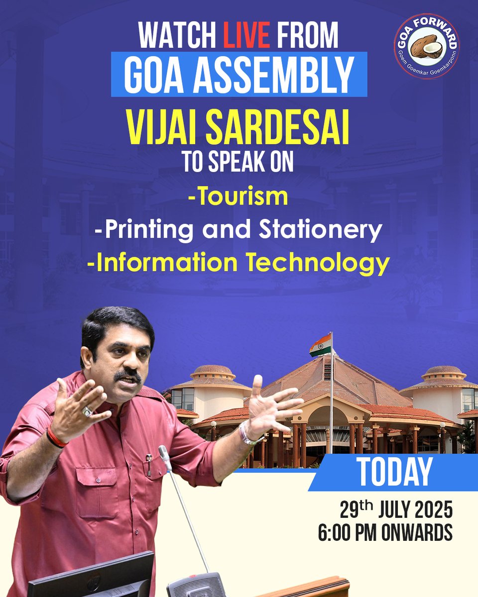 Goaforwardparty's tweet photo. 📍LIVE from the Goa Assembly
Watch Vijai Sardesai raise real issues in the Department of Tourism, IT, Printing & Stationery.
Catch the action live. Your voice is being heard!
.
.
#GoaAssembly2025 #GoaForwardParty #LiveFromAssembly #VoiceOfGoa #amchoavazvijai https://t.co/pgTmRWmJer