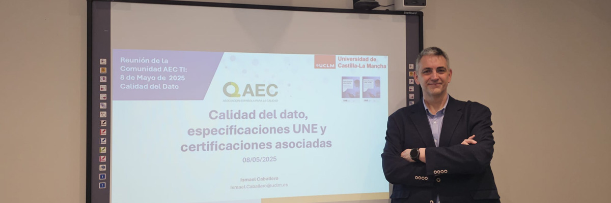 GRUPO ALARCOS (@grupoalarcos) on Twitter photo Nuestro compañero <a href="/icaballeromr/">Ismael Caballero 💚</a> realizó la ponencia titulada “Calidad del dato, especificaciones <a href="/NormasUNE/">UNE Asociación Española de Normalización</a> y certificaciones asociadas” en el contexto de la Reunión de la Comunidad AEC TI, centrada en esta ocasión en la Calidad del Dato.
+Info: alarcos.esi.uclm.es/N.php?id=2213 Nuestro compañero <a href="/icaballeromr/">Ismael Caballero 💚</a> realizó la ponencia titulada “Calidad del dato, especificaciones <a href="/NormasUNE/">UNE Asociación Española de Normalización</a> y certificaciones asociadas” en el contexto de la Reunión de la Comunidad AEC TI, centrada en esta ocasión en la Calidad del Dato.
+Info: alarcos.esi.uclm.es/N.php?id=2213