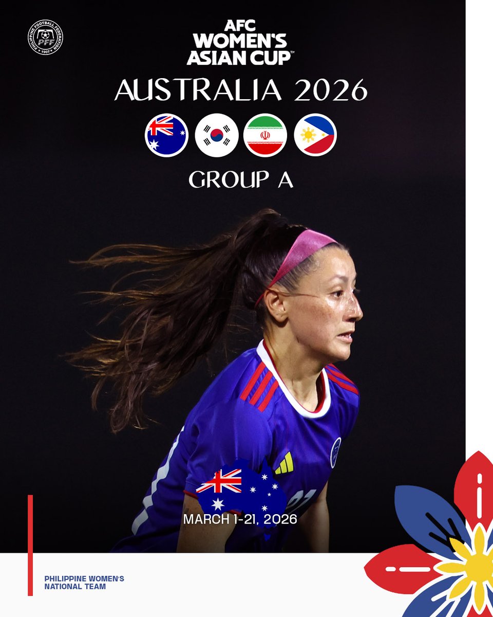 Philippine Women's National Football Team (@pilipinaswnft) on Twitter photo The Filipinas are in ๐๐๐๐๐ ๐ for #WAC2026 in Australia next year!
๐ฆ๐บ Australia ๐ฐ๐ท Korea Republic
๐ฎ๐ท IR Iran ๐ต๐ญ Philippines
Matches will take place in the Australian cities of Perth, the Gold Coast and Sydney from March 1-21, 2026.
๐ต๐ด #LabanFilipinasParaSaBayan The Filipinas are in ๐๐๐๐๐ ๐ for #WAC2026 in Australia next year!
๐ฆ๐บ Australia ๐ฐ๐ท Korea Republic
๐ฎ๐ท IR Iran ๐ต๐ญ Philippines
Matches will take place in the Australian cities of Perth, the Gold Coast and Sydney from March 1-21, 2026.
๐ต๐ด #LabanFilipinasParaSaBayan