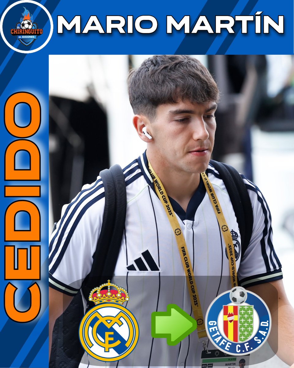 elchiringuitotv's tweet image. ↔️MARIO MARTÍN, CEDIDO al GETAFE.

👉El centrocampista de 21 años, perteneciente al Real Madrid, jugará la temporada 2025/26 en el equipo azulón.