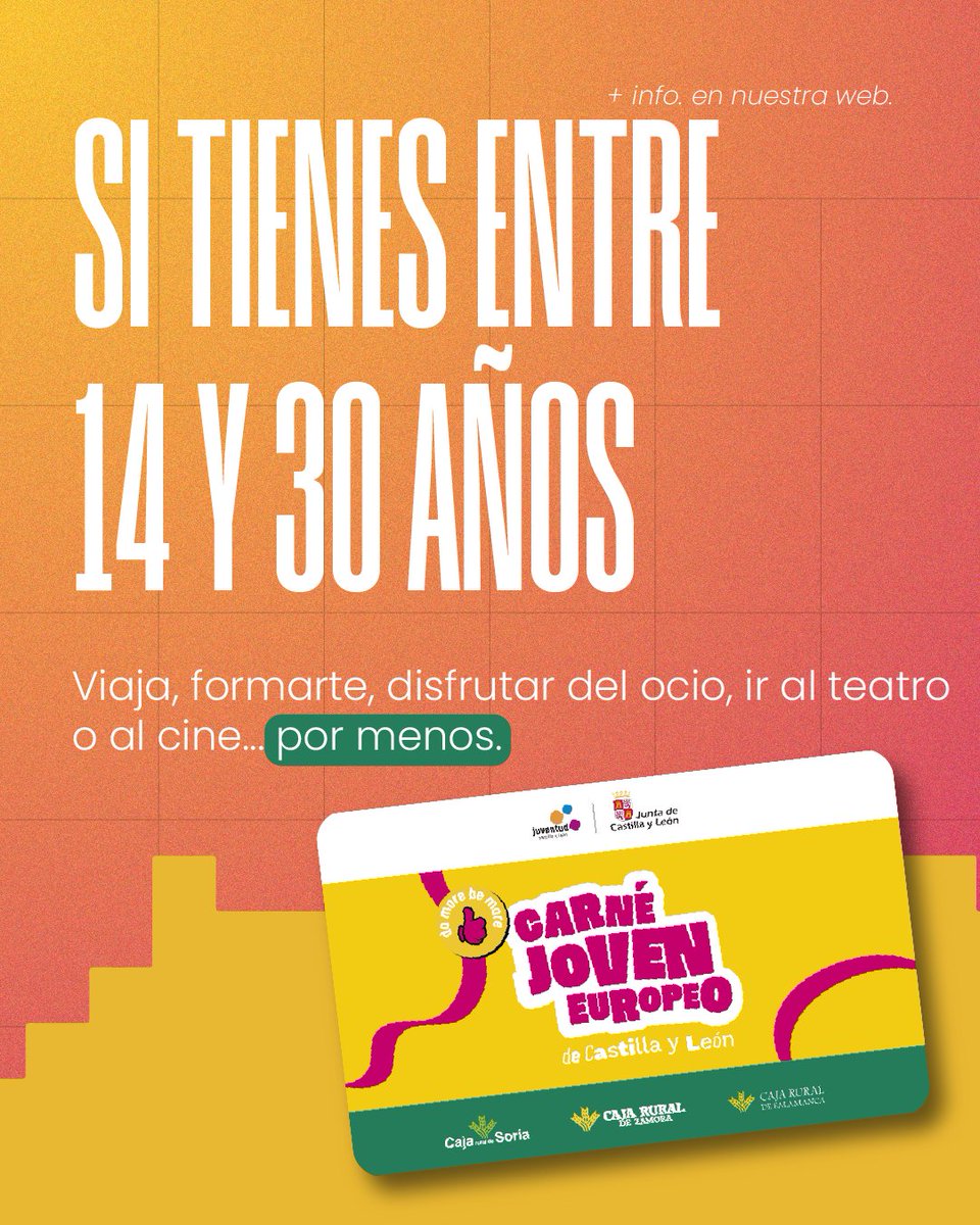 ¿Tienes entre 14 y 30 años ? Pues aprovecha. 😎

 Viajes, ocio, teatro, cine… todo con descuento. ✈️🍿🛍️🏁

 Tu Carné Joven Cyl, tu excusa pa' no quedarte en casa. 🎫

#CarnéJovenCYL #Jovenes #Descuentos #CastillaYLeón #VidaJoven #TodoConDescuento