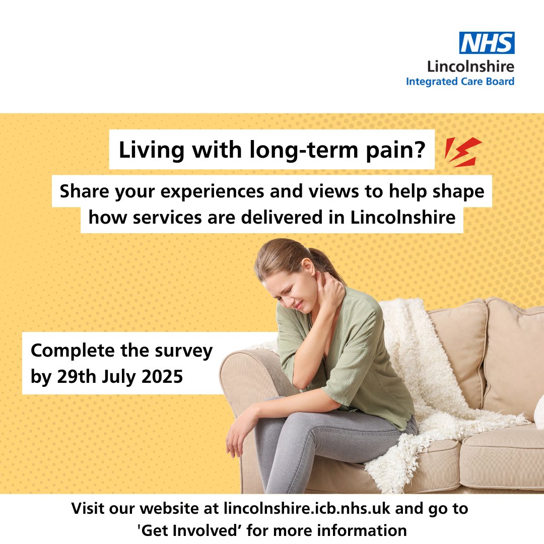 Last chance to share your views on Pain Management Services in Lincolnshire⌛

Share your experiences and views of pain management services in Lincolnshire to help shape how they are delivered in the future.

📆Survey closes 29 July 2025. Take part: lincolnshire.icb.nhs.uk/pain-survey