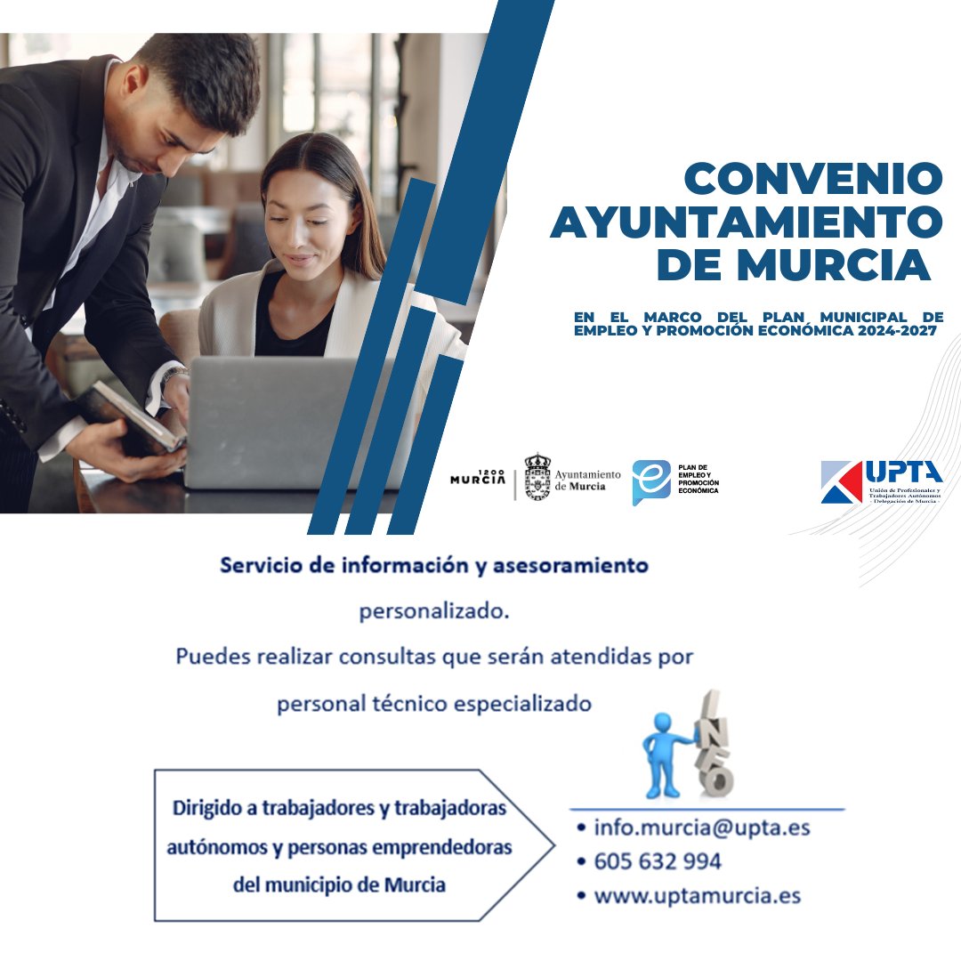 UPTA REGIÓN DE MURCIA (@deupta) on Twitter photo 🔴Contamos con un SERVICIO DE ASESORAMIENTO a autónom@s y emprendedores del municipio de #Murcia en virtud del convenio suscrito con el <a href="/AytoMurcia/">Ayuntamiento de Murcia</a> y <a href="/Murcia_Emplea/">MurciaEmplea</a> #PMEPE25
Entra en nuestra web para más info: uptamurcia.es
<a href="/upta_es/">UPTA España</a> <a href="/EDUARDOABADSABA/">Presidente UPTA España</a> <a href="/InesMazuelaRo/">Inés Mazuela</a> 🔴Contamos con un SERVICIO DE ASESORAMIENTO a autónom@s y emprendedores del municipio de #Murcia en virtud del convenio suscrito con el <a href="/AytoMurcia/">Ayuntamiento de Murcia</a> y <a href="/Murcia_Emplea/">MurciaEmplea</a> #PMEPE25
Entra en nuestra web para más info: uptamurcia.es
<a href="/upta_es/">UPTA España</a> <a href="/EDUARDOABADSABA/">Presidente UPTA España</a> <a href="/InesMazuelaRo/">Inés Mazuela</a>
