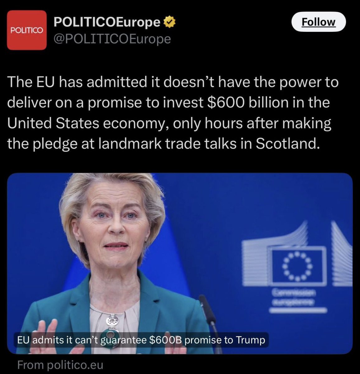 Remember Kaa, the serpent who use to mesmerize Mowgli?  

Ursula v d Leyen accepted an EU investment in US of 600 bln dolars, but after less than a day she recognized this cannot be possible… 
Trump will not be very happy. 

So much for EU diplomacy…