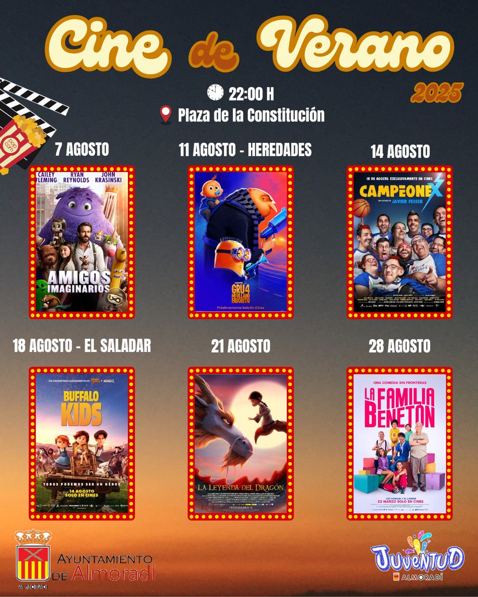 🎬 ¡Llega el Cine de Verano! 🌙🍿

Desde el Ayuntamiento de Almoradí te invitamos a disfrutar de las noches de cine al aire libre que hemos preparado para este mes de agosto. Un ciclo de películas para todos los públicos, pensado para compartir en familia, con amigos… ✨.