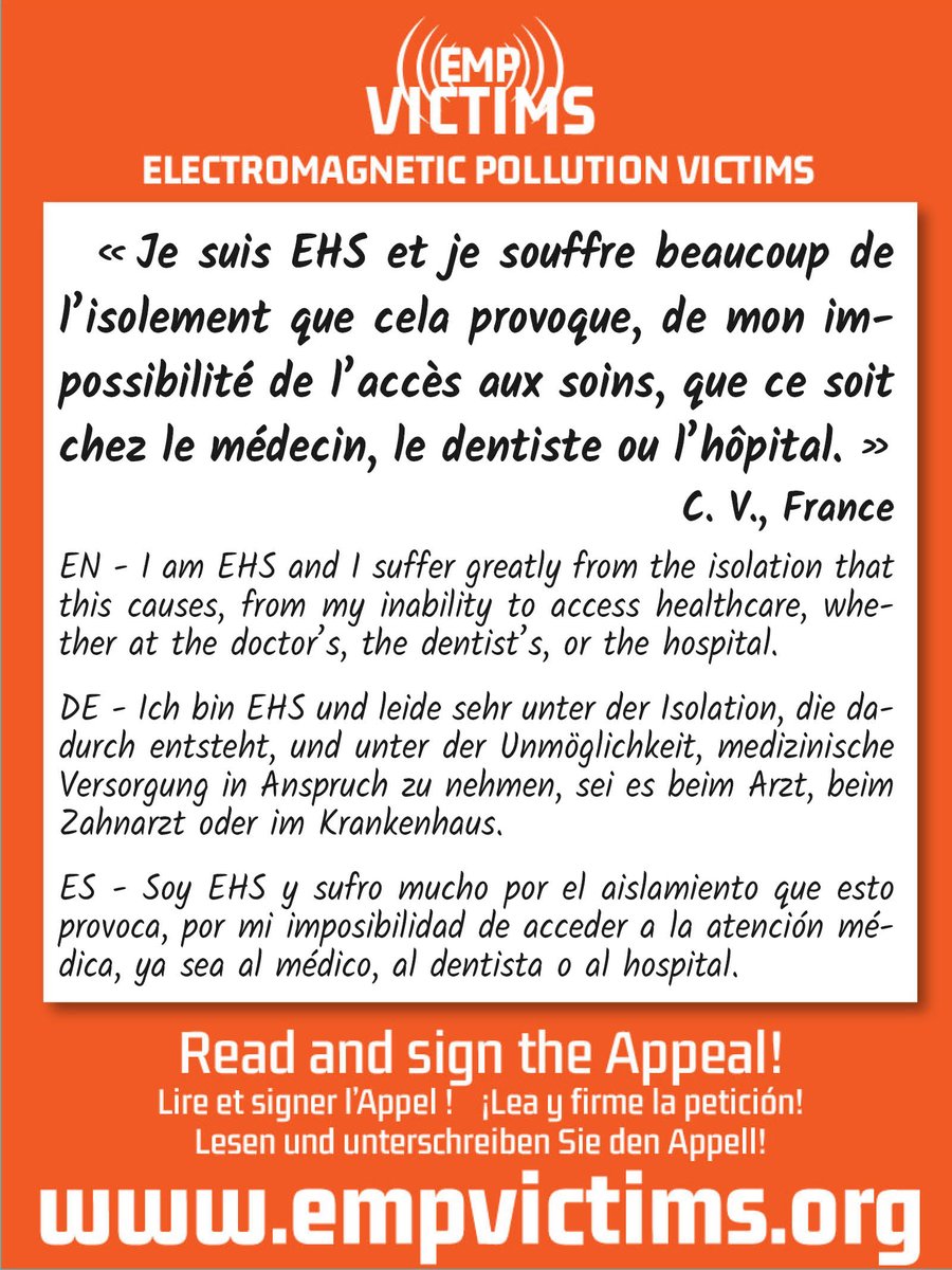 "I am EHS and I suffer greatly from the isolation that this causes, from my inability to access healthcare, whether at the dentist's, at the doctor's, or the hospital"
Lean more about radiation victims and support us: empvictims.org