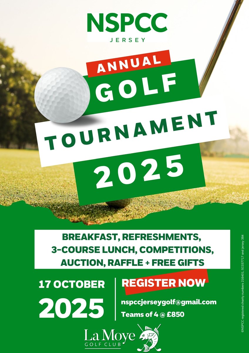 NSPCC Jersey (@jerseynspcc) on Twitter photo ⛳ Mark Your Calendars! ⛳
Get ready for the NSPCC Jersey Annual Golf Day on October 17th, 2025, at La Moye Golf Club!
Form a team of 4 & compete on the stunning 18-hole course.
Book Today! Email nspccjerseygolf@gmail.com for more details.
See you on the green! 🏌️♂️ #nspccjersey ⛳ Mark Your Calendars! ⛳
Get ready for the NSPCC Jersey Annual Golf Day on October 17th, 2025, at La Moye Golf Club!
Form a team of 4 & compete on the stunning 18-hole course.
Book Today! Email nspccjerseygolf@gmail.com for more details.
See you on the green! 🏌️♂️ #nspccjersey