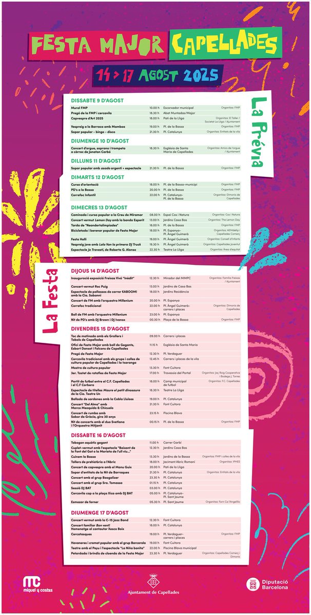 A Capellades la Festa Major serà del 9 al 17 d’agost, amb moltes propostes per a gaudir en família, amb les entitats o amb els amics.

Has vist totes les propostes que tenim a punt? 👇👇

capellades.cat/actualitat/not…