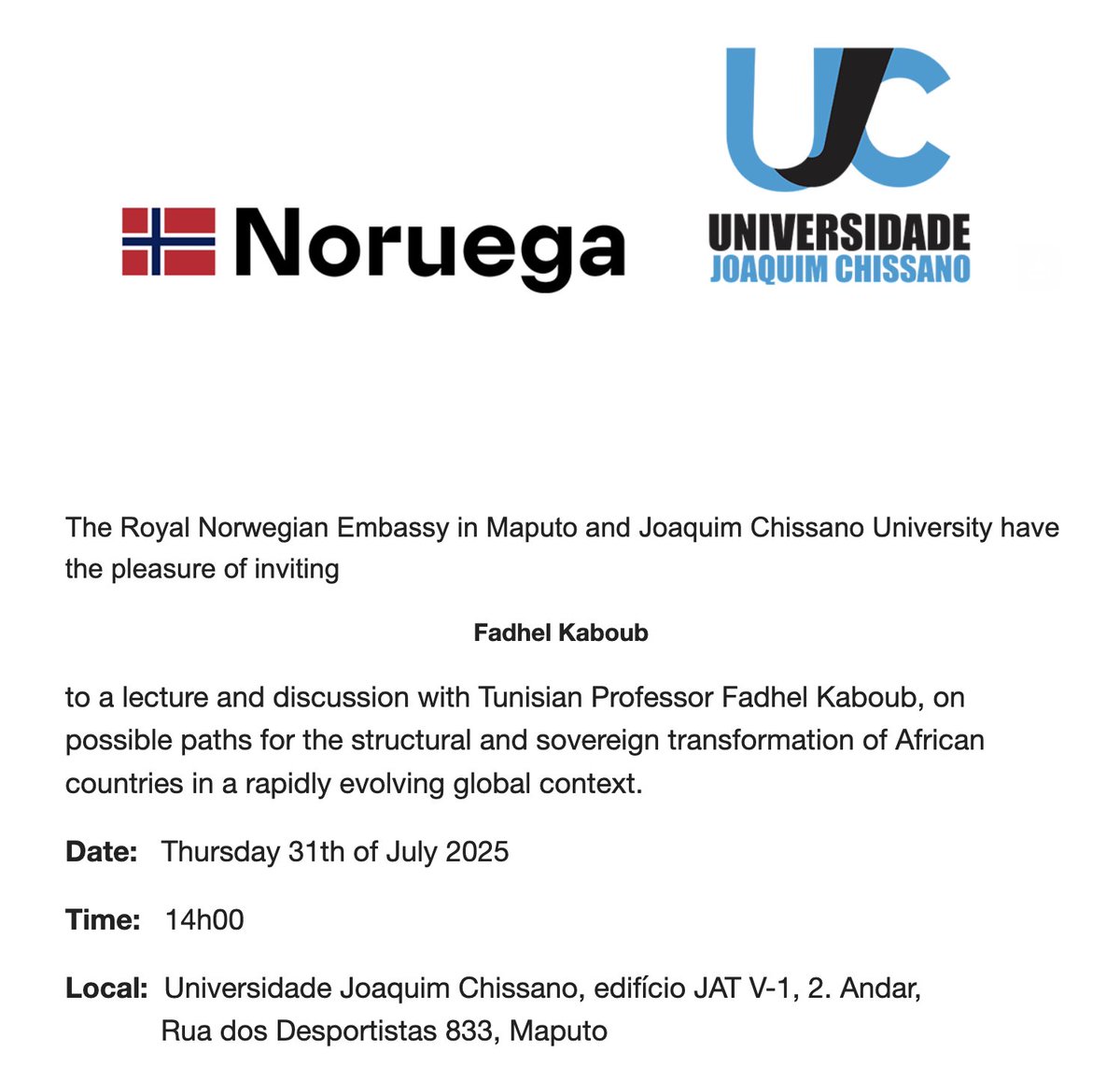 Join us if you are in Maputo, Mozambique!

About the event:

The event aims to promote an open and solution-oriented dialogue on the challenges and opportunities facing the African continent in the current international landscape.