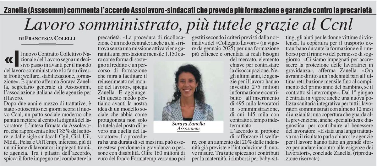 Il nuovo #CCNL delle Agenzie per il Lavoro rafforza #welfare, #formazione, tutele per la genitorialità e ricollocazione. Un passo avanti per un mercato più inclusivo. Ne parla Soraya Zanella (<a href="/Soraya46825474/">Soraya Zanella</a>) su <a href="/MilanoFinanza/">MilanoFinanza</a>, in un pezzo di Francesca Colelli.